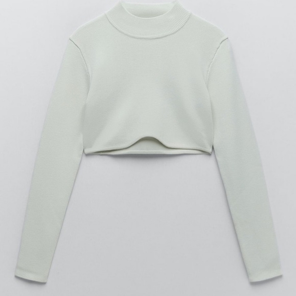 NWT Zara Scalloped Edge Light Green Mint long sleeve knit cropped Knit Sweater M - Picture 2 of 15